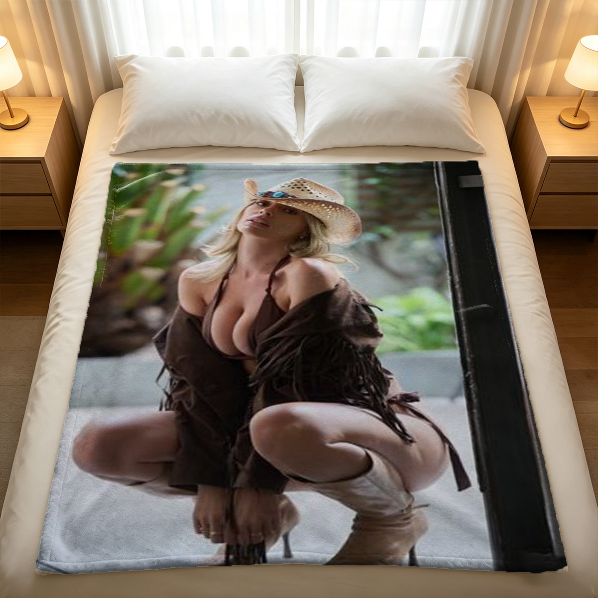 Scarlett Johansson in purple satin off-shoulder top and black lace stockings on bed. - Blanket