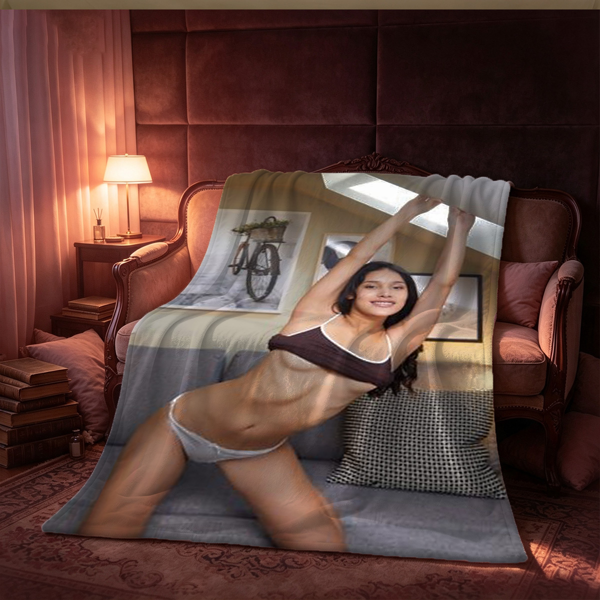 Blonde in sheer black lingerie posing seductively by leather couch - Blanket