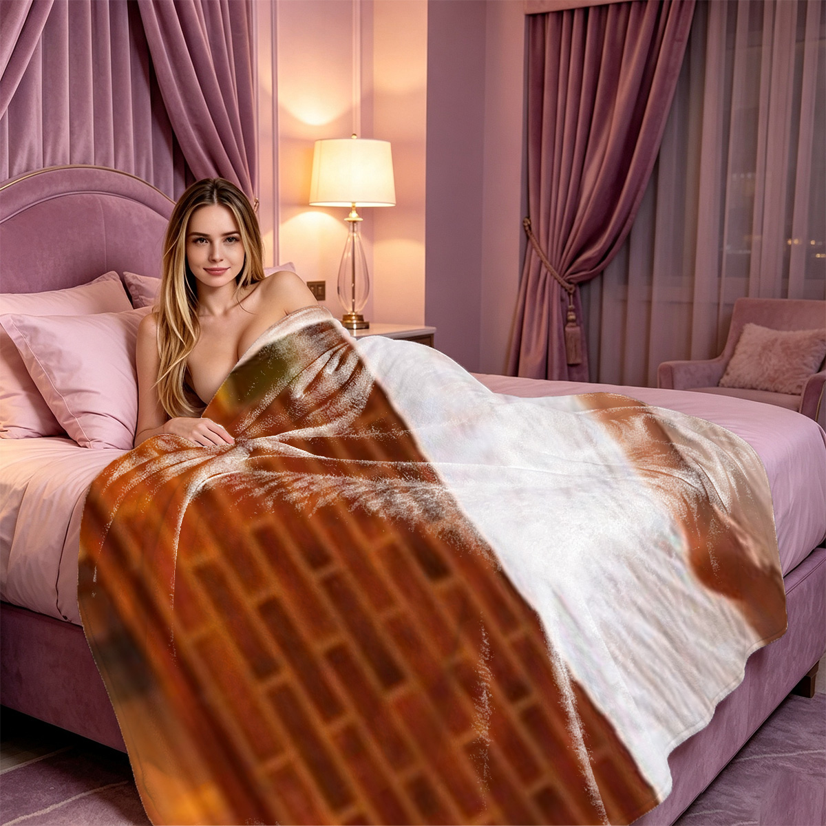 Jennifer Lawrence in red lingerie and fishnet stockings on bed - Blanket