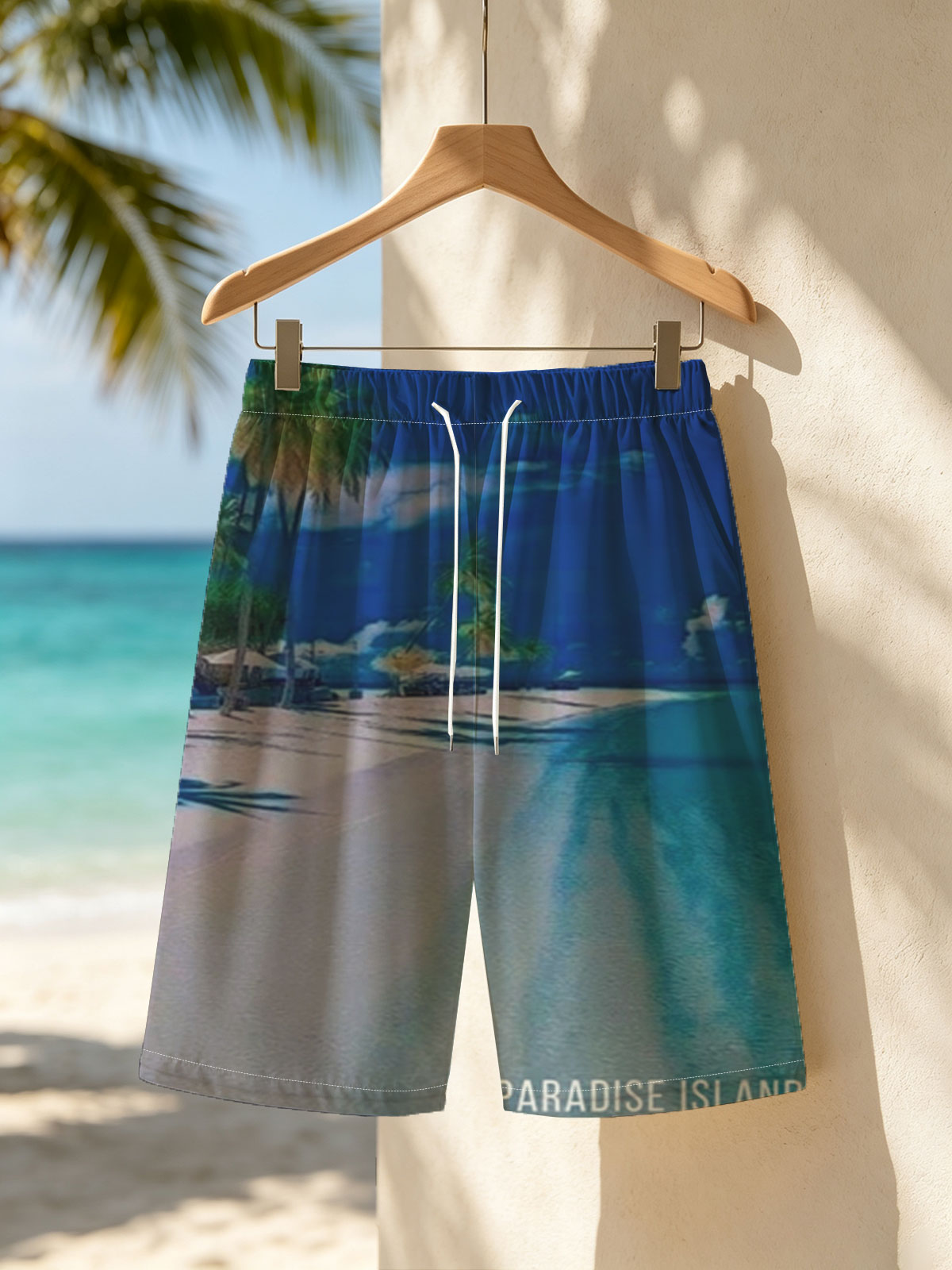 Serene beach with palm trees and turquoise waters under a clear blue sky. -  Beach shorts