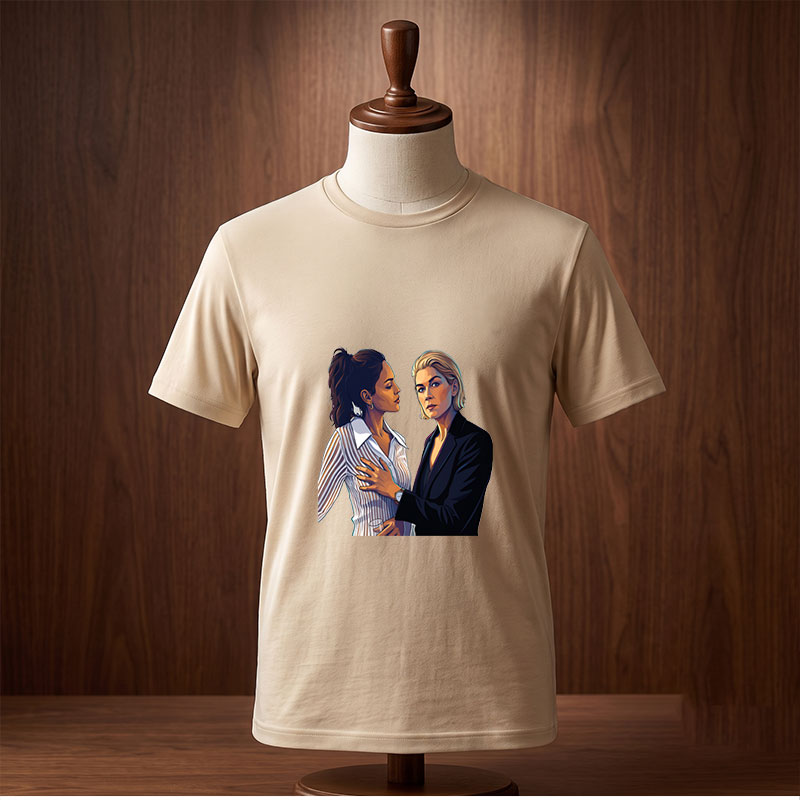 Two Women in Formal Attire Sharing an Intimate Moment - Tee