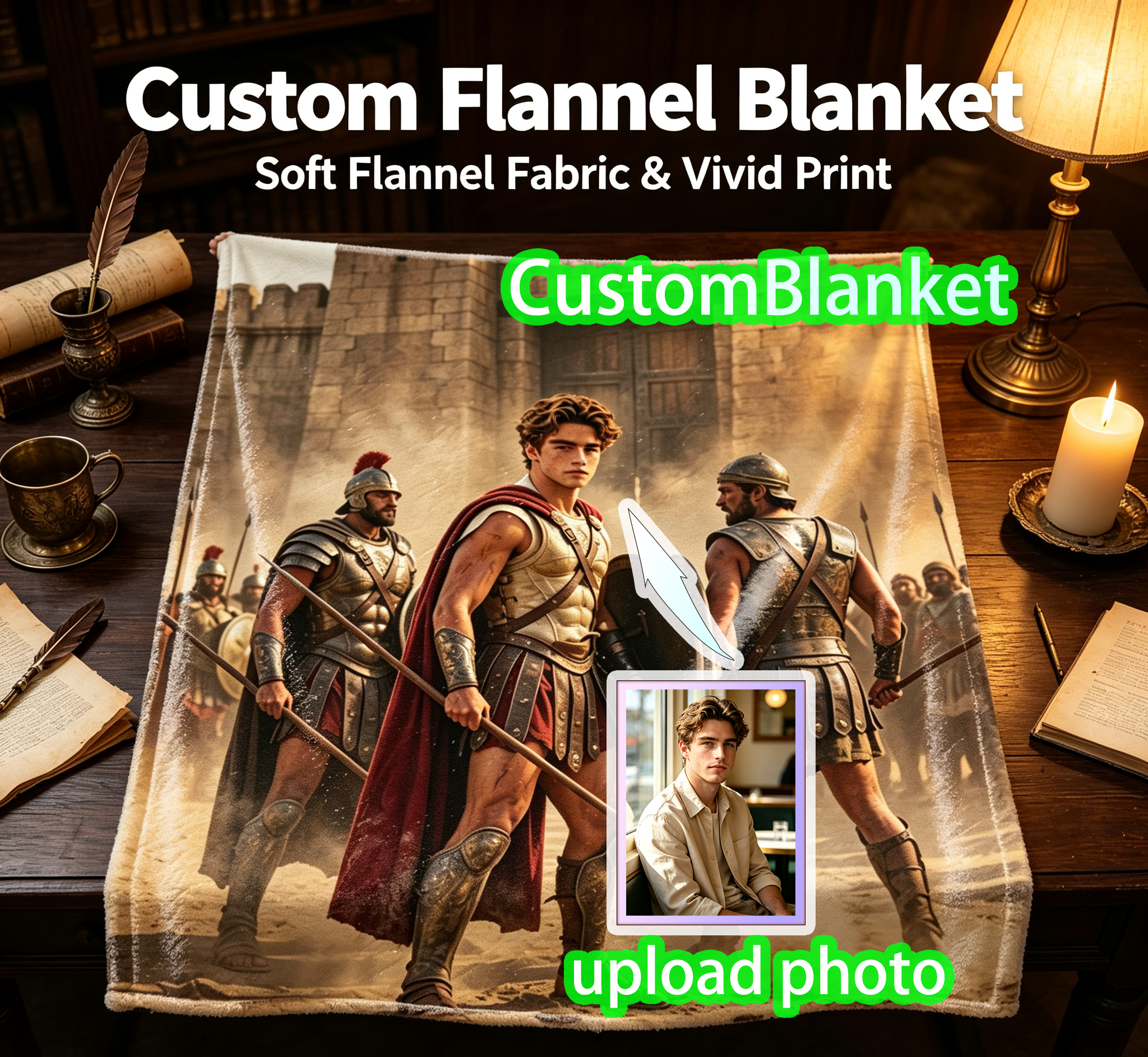 Custom Face Blanket Ancient Warrior Soldier Flannel Blanket for Couch, Bed, or Travel – Perfect Gift for History Enthusiasts and Fans of Epic Battles
