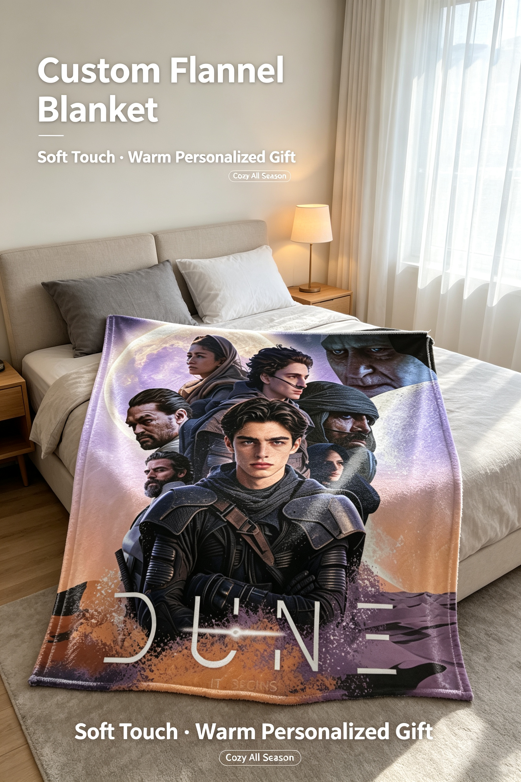 Custom Face Blanket Dune Movie Character Flannel Blanket Perfect for Fans of Sci-Fi Films Cozy Bedding Gift for Men Women and Teens Ideal for Birthday Christmas or Holiday Giveaways