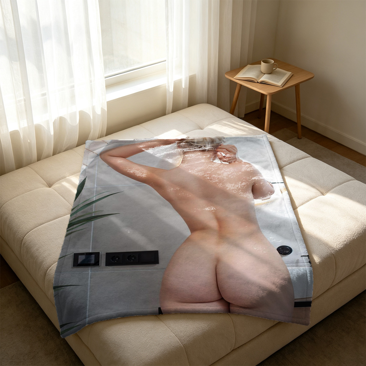 A woman in a sheer pink floral lingerie bodysuit stands with her back to the camera, looking at her reflection in a large ornate mirror. - Blanket