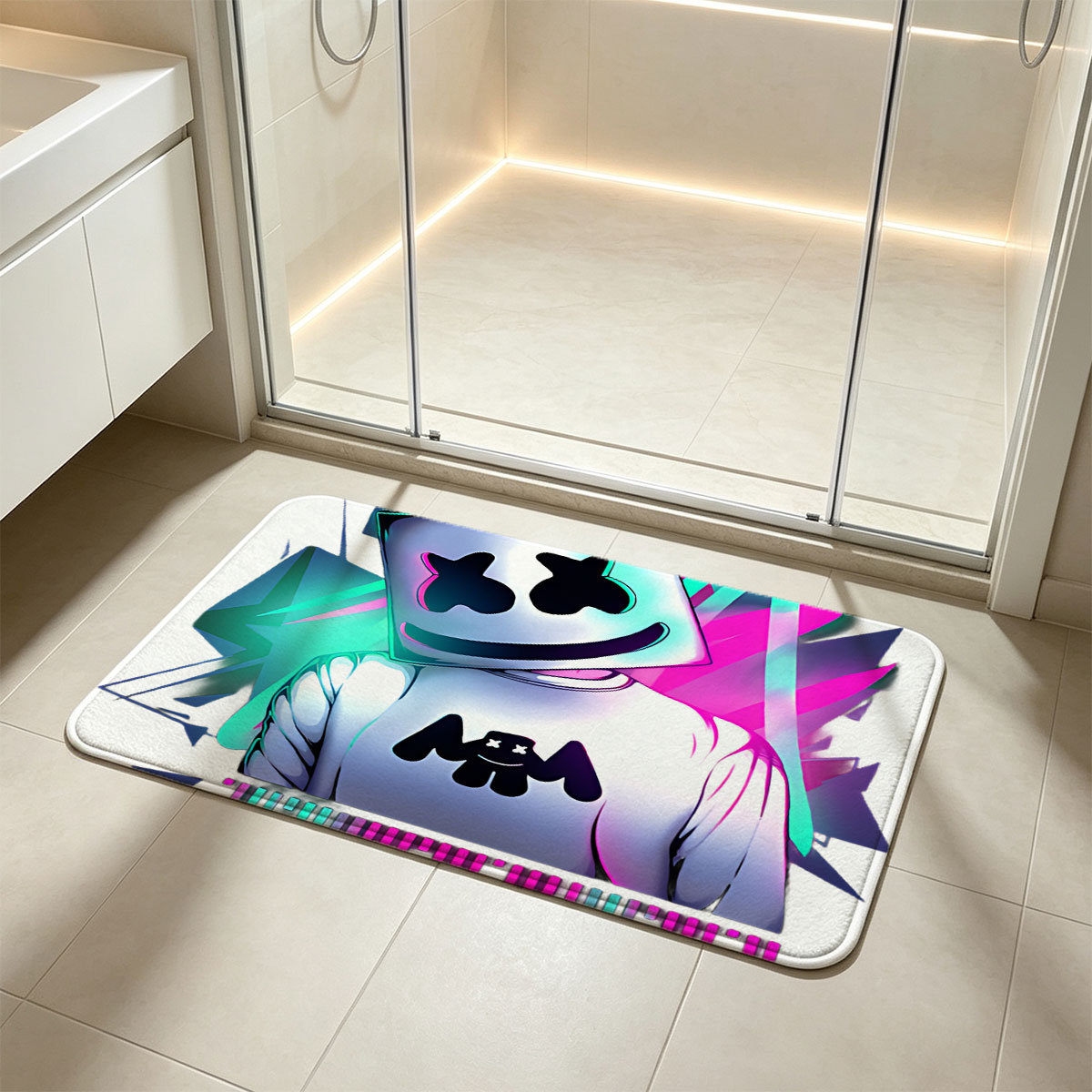 Marshmello DJ in Neon Glow with Music Visualizer - Flannel floor mat