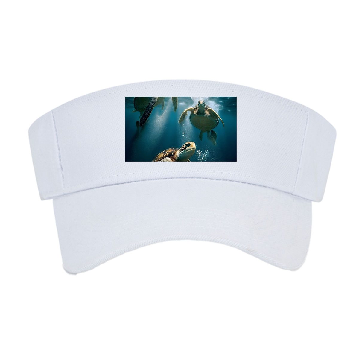 Three sea turtles swimming gracefully underwater in clear blue ocean. -  Visor cap