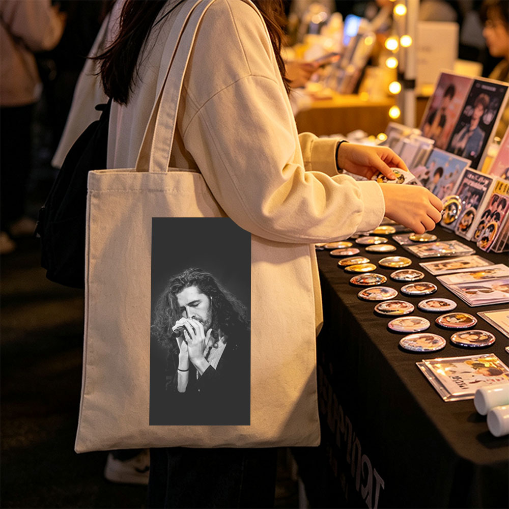 Hozier Performing on Stage Holding Microphone in Black and White - Canvas tote bags