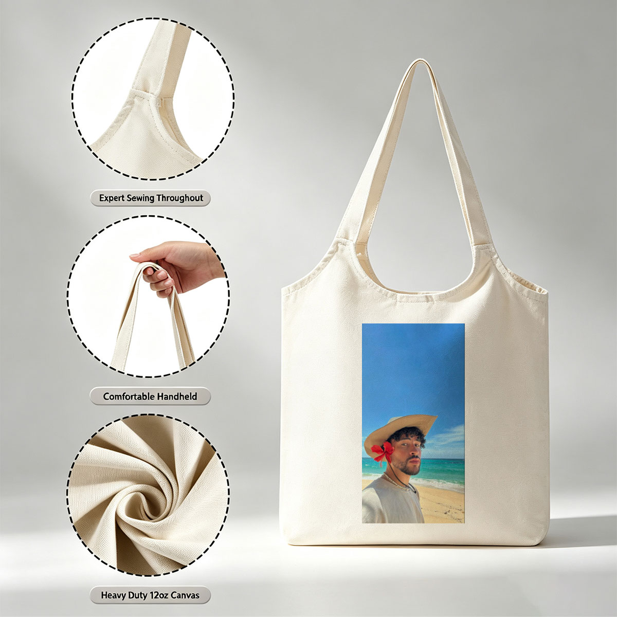 Bad Bunny on the Beach Wearing a Straw Hat with Red Flower and Beaded Necklace - Canvas shoulder bags/