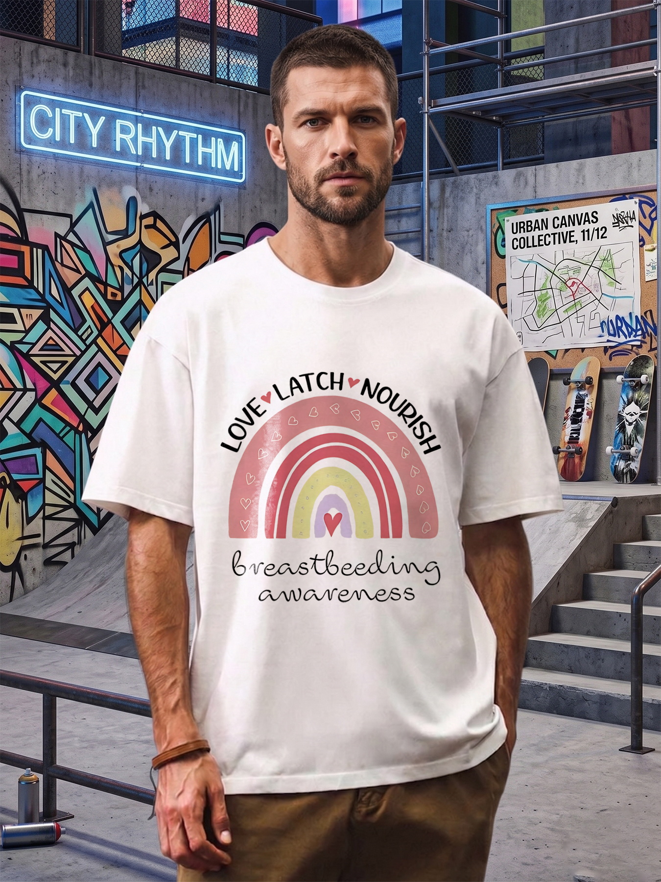 Men's Printed T-Shirt Rainbow Heart Love Latch Nourish Breastfeeding Awareness Graphic Casual Round Neck Summer Lightweight Breathable Short Sleeve Tee for Adults Supporting Maternal Health and Parenting Community