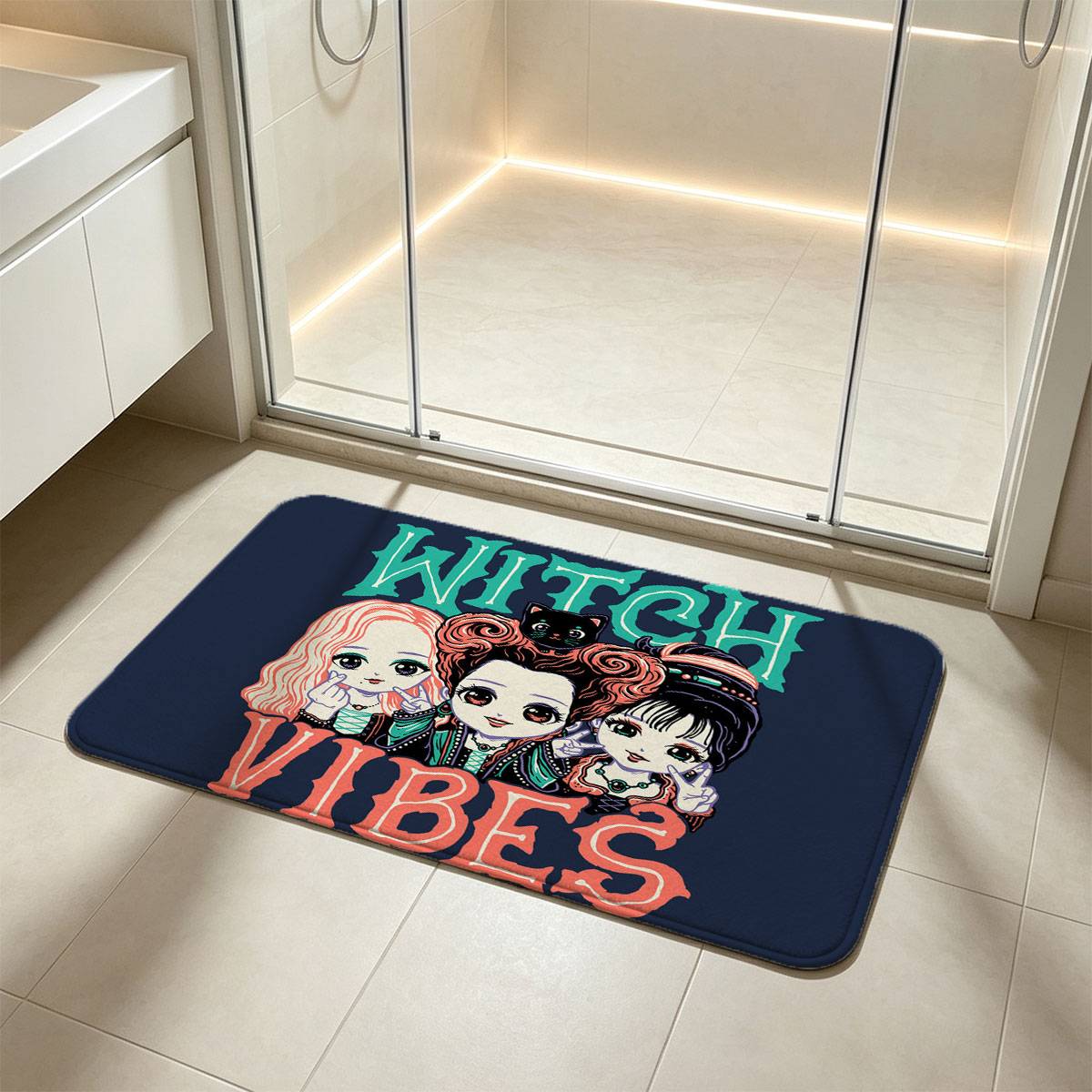 Witch Vibes: Three Magical Girls with Cat and Gothic Style - Flannel floor mat