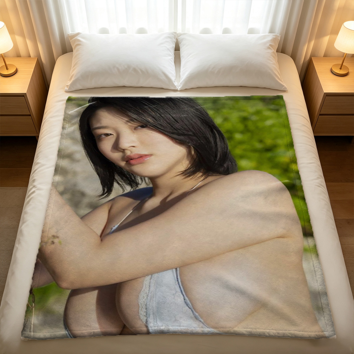Nude woman standing in ocean waves at beach, back view - Blanket