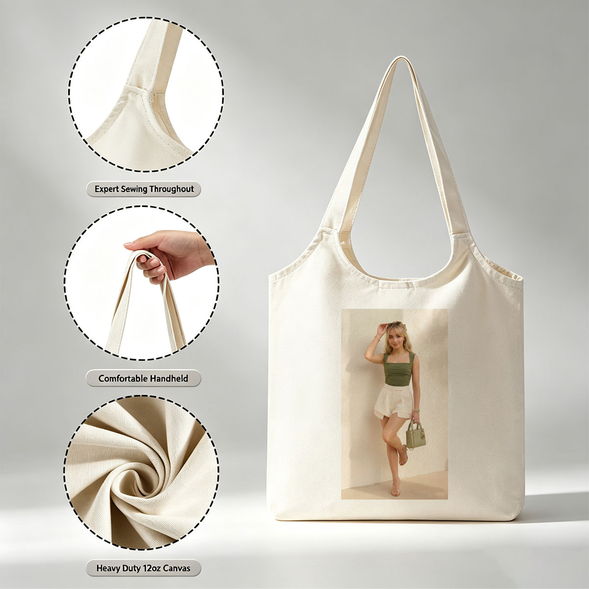 Sabrina Carpenter in a stylish summer outfit featuring a green ruched top and white shorts, accessorized with a matching handbag and gold heels. - Canvas shoulder bags/
