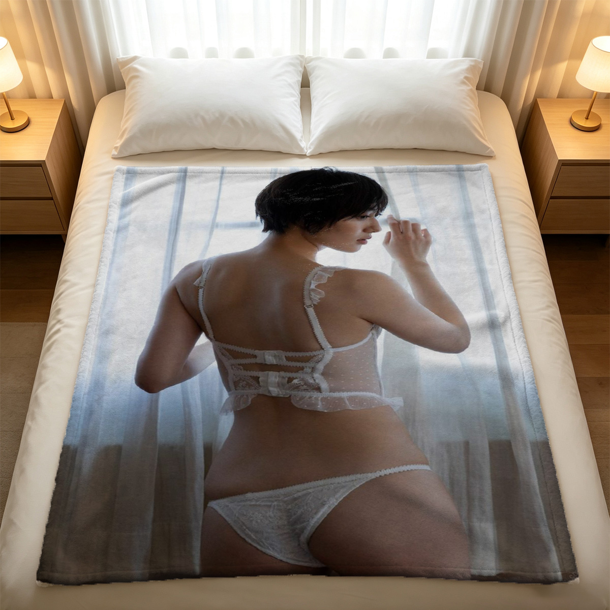 A young Asian woman in white lace lingerie standing seductively in a luxurious bedroom doorway. - Blanket