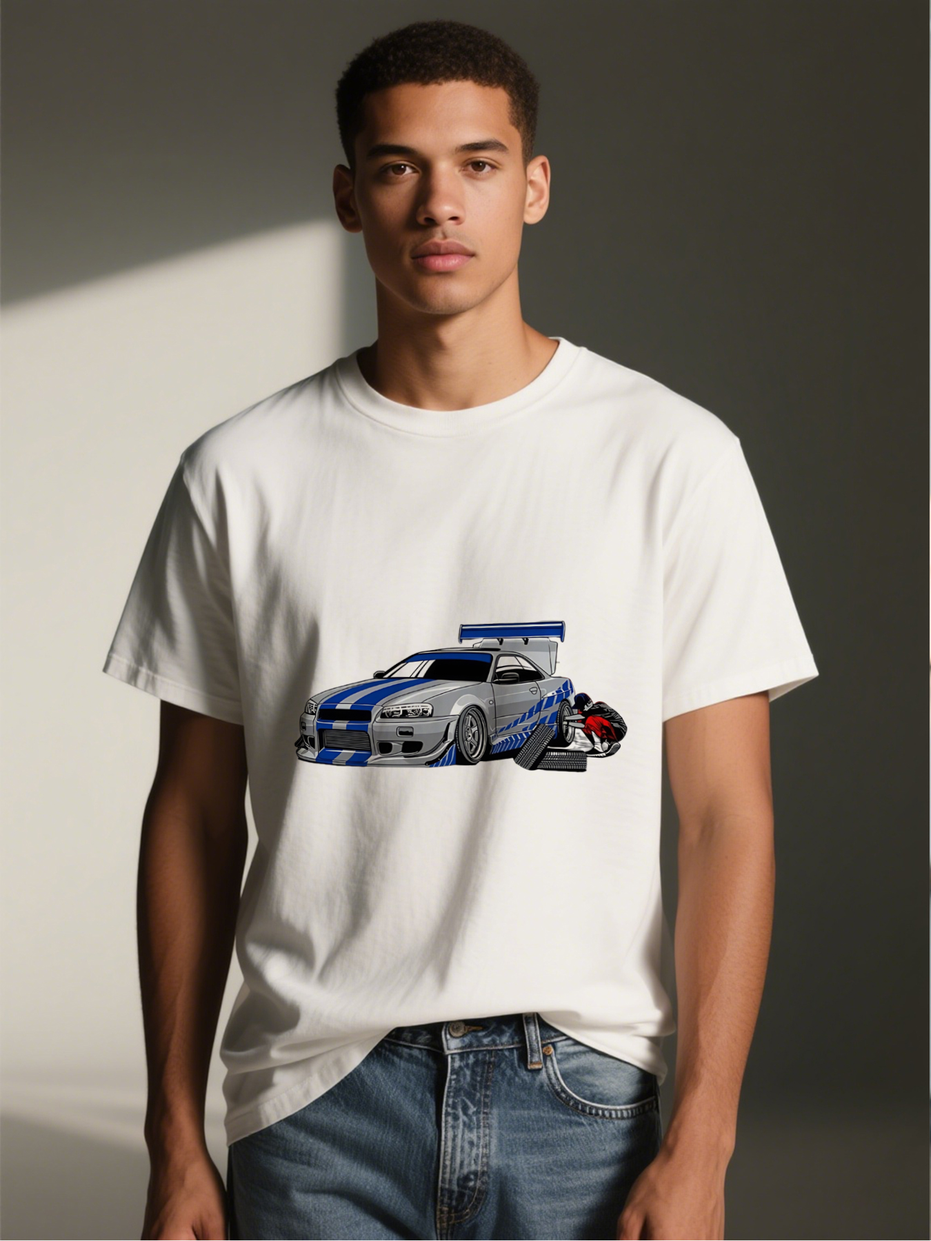 Men's Printed T-Shirt Featuring Blue and Silver Racing Car with Drift Design, Casual Round Neck Lightweight Breathable Summer Short Sleeve Tee for Car Enthusiasts and Auto Racing Fans