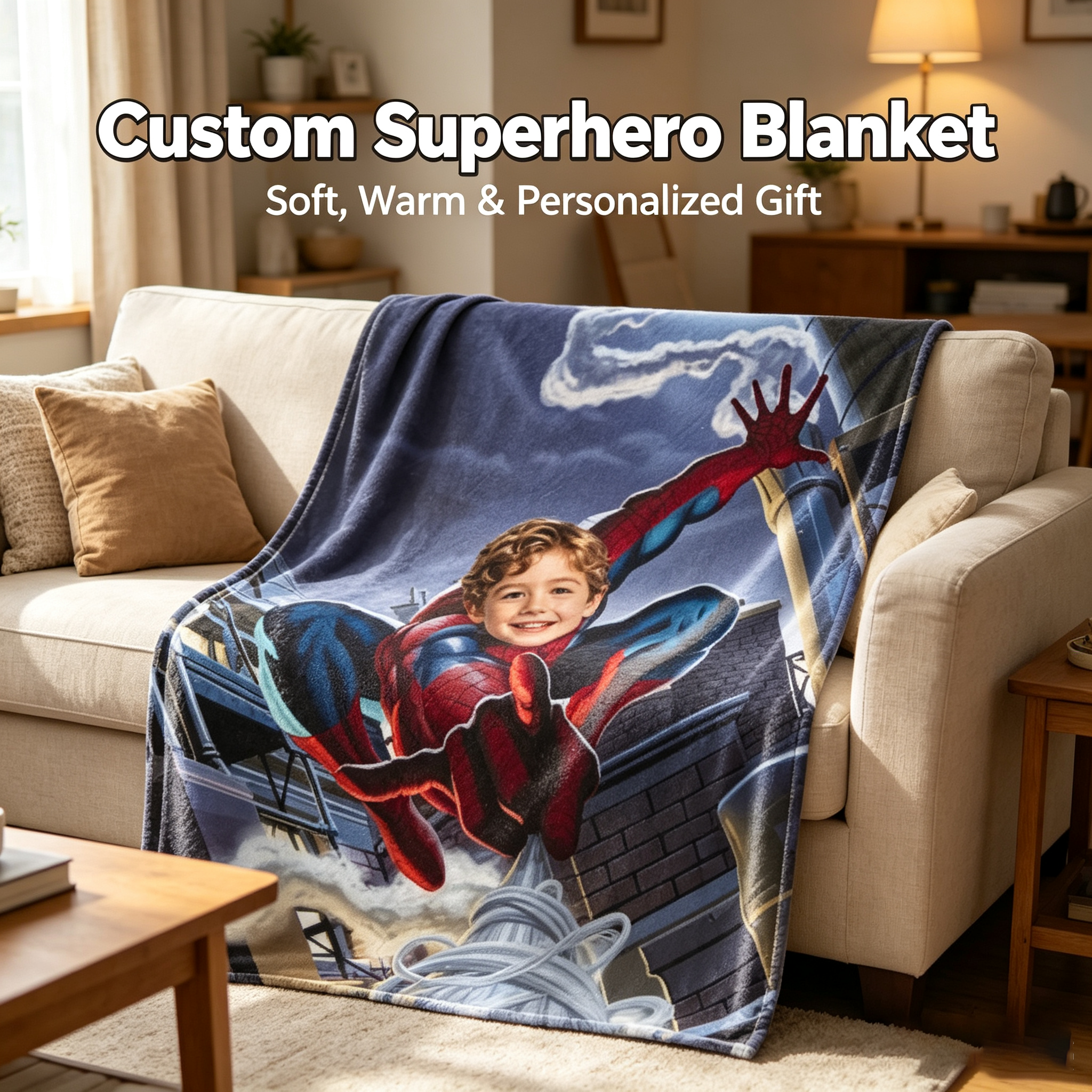 Custom Face Spider‑Man Blanket, Personalized Superhero Photo Throw, Soft Warm Flannel Blanket, Unique Birthday Gift for Kids Boys