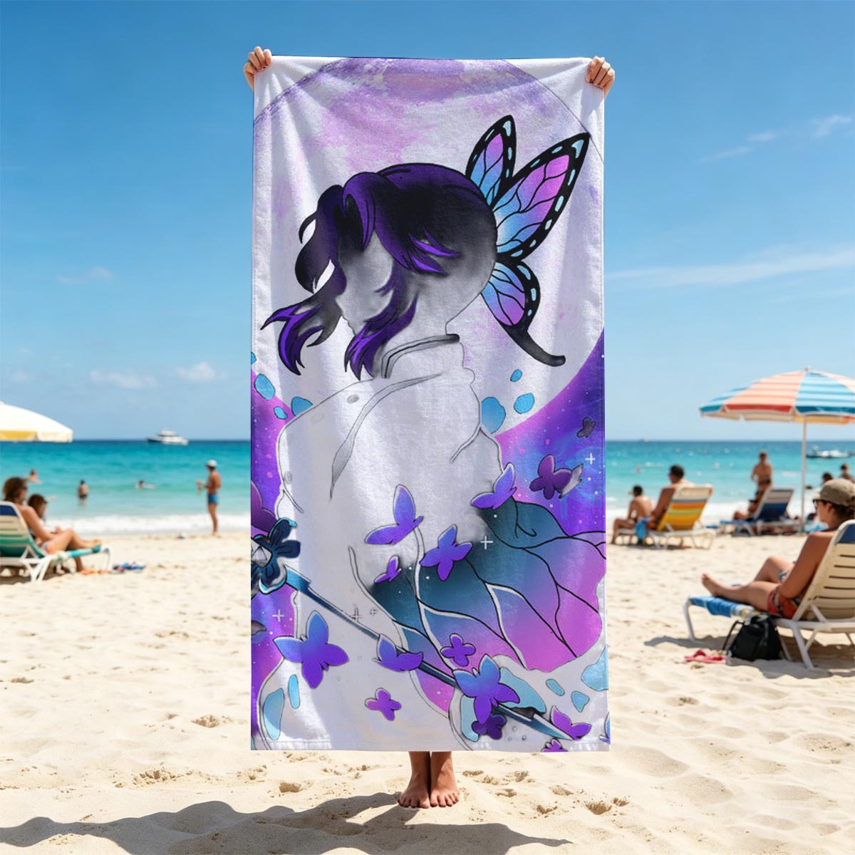 Shinobu Kocho from Demon Slayer, butterfly wings, moonlit silhouette, sword, purple butterflies - Beach towels