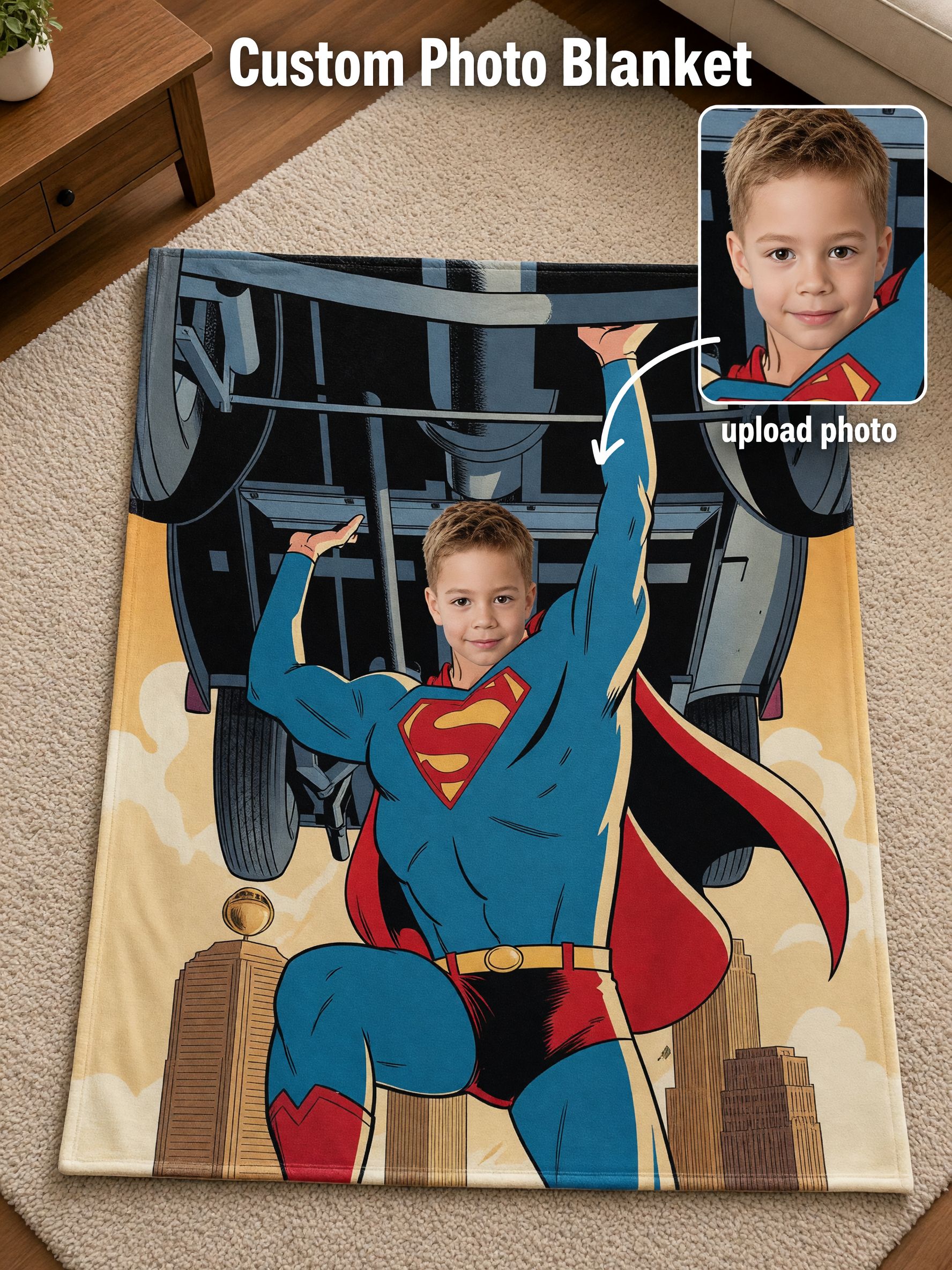 Custom Face Superhero Flannel Blanket Personalized Comic Action Hero Lifting Car Throw Ideal Cozy Gift for Kids and Boys