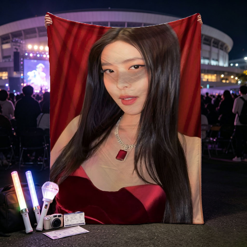 Jennie Kim in Red Velvet Dress at Glamorous Event with Red Curtain Background - Blankets