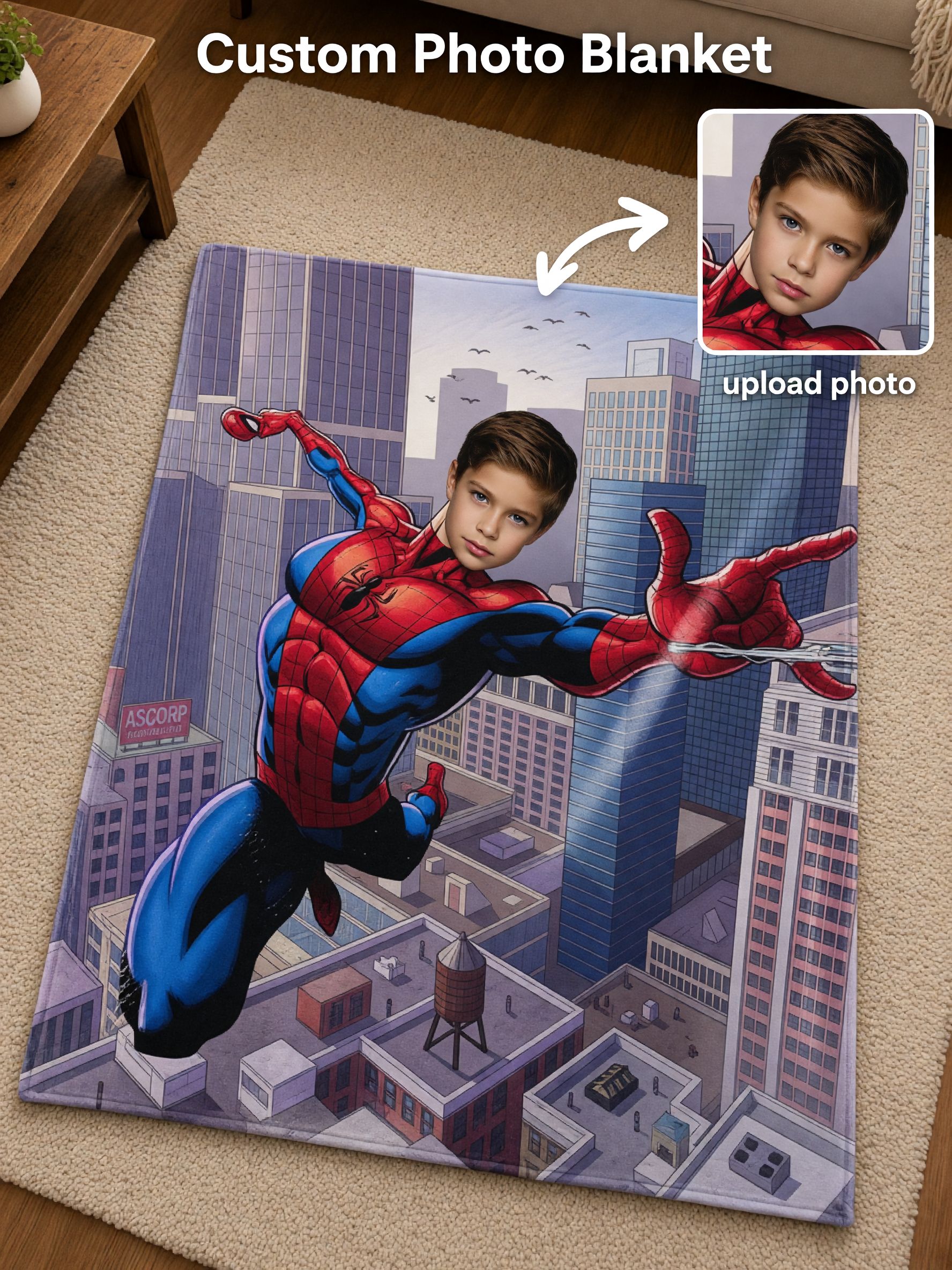 Personalized Superhero Photo Blanket, Custom Comic City Art Flannel Fleece Throw, Ideal Personalized Gift for Kids