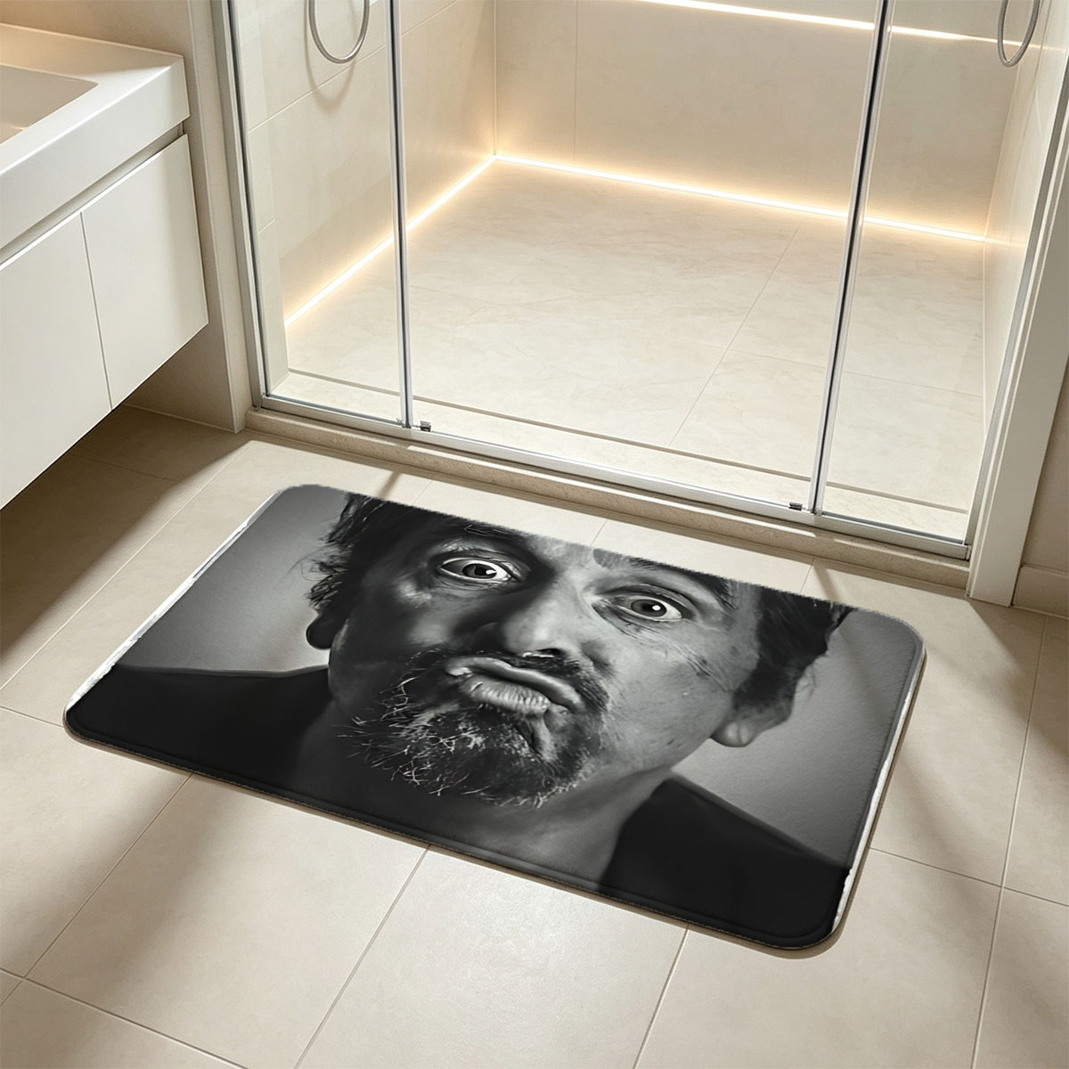 Al Pacino in a dramatic black-and-white portrait, displaying an intense expression with wide eyes and a furrowed brow. - Flannel floor mat