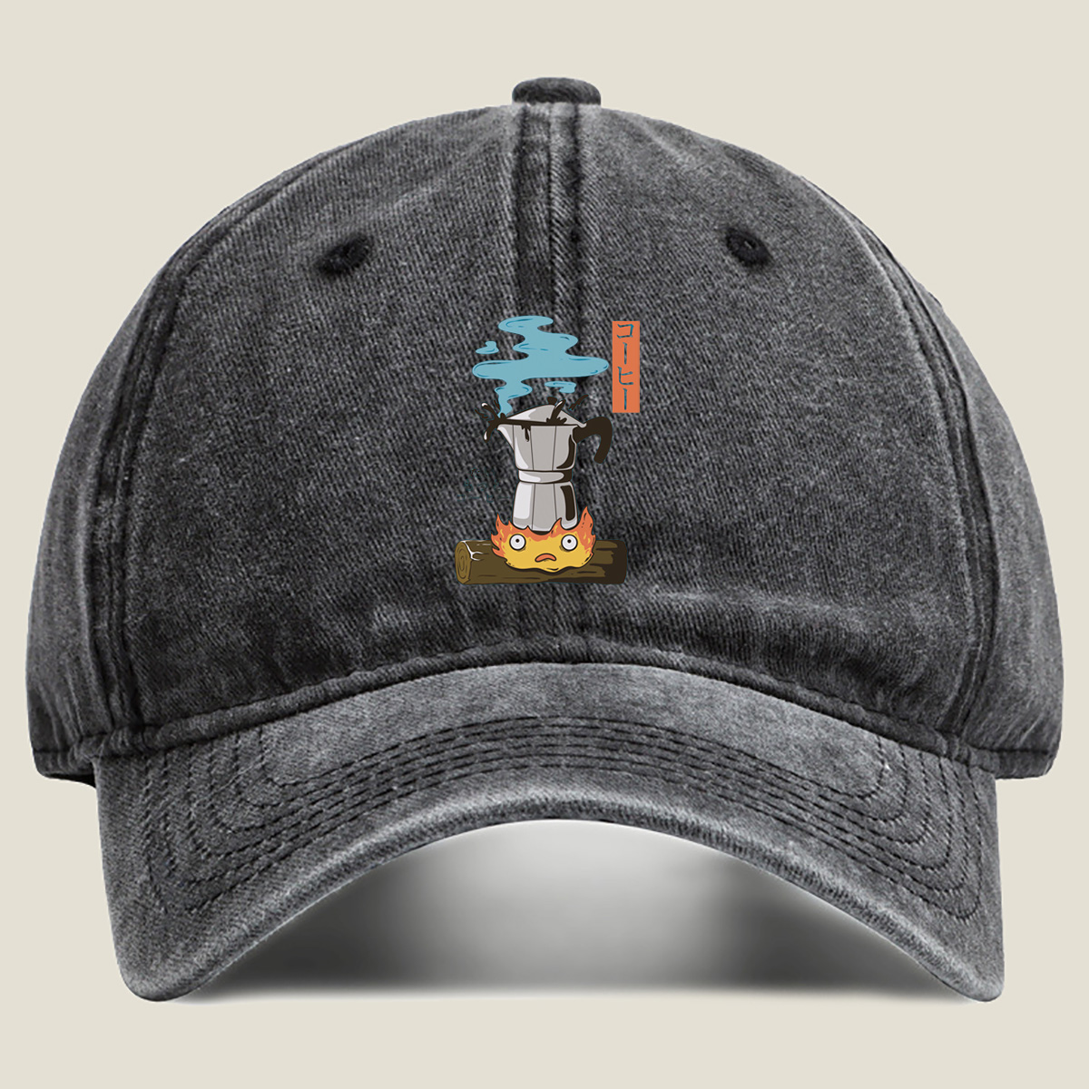 Coffee Pot and Flame Character - Washed Denim - Baseball Cap