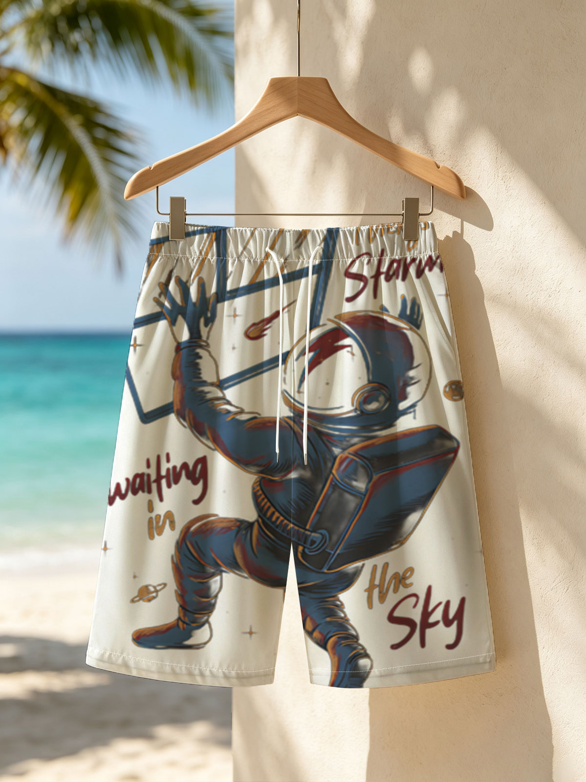 Starman in Space: Astronaut Reaching for Window, Cosmic Scene with Planets and Stars -  Beach shorts