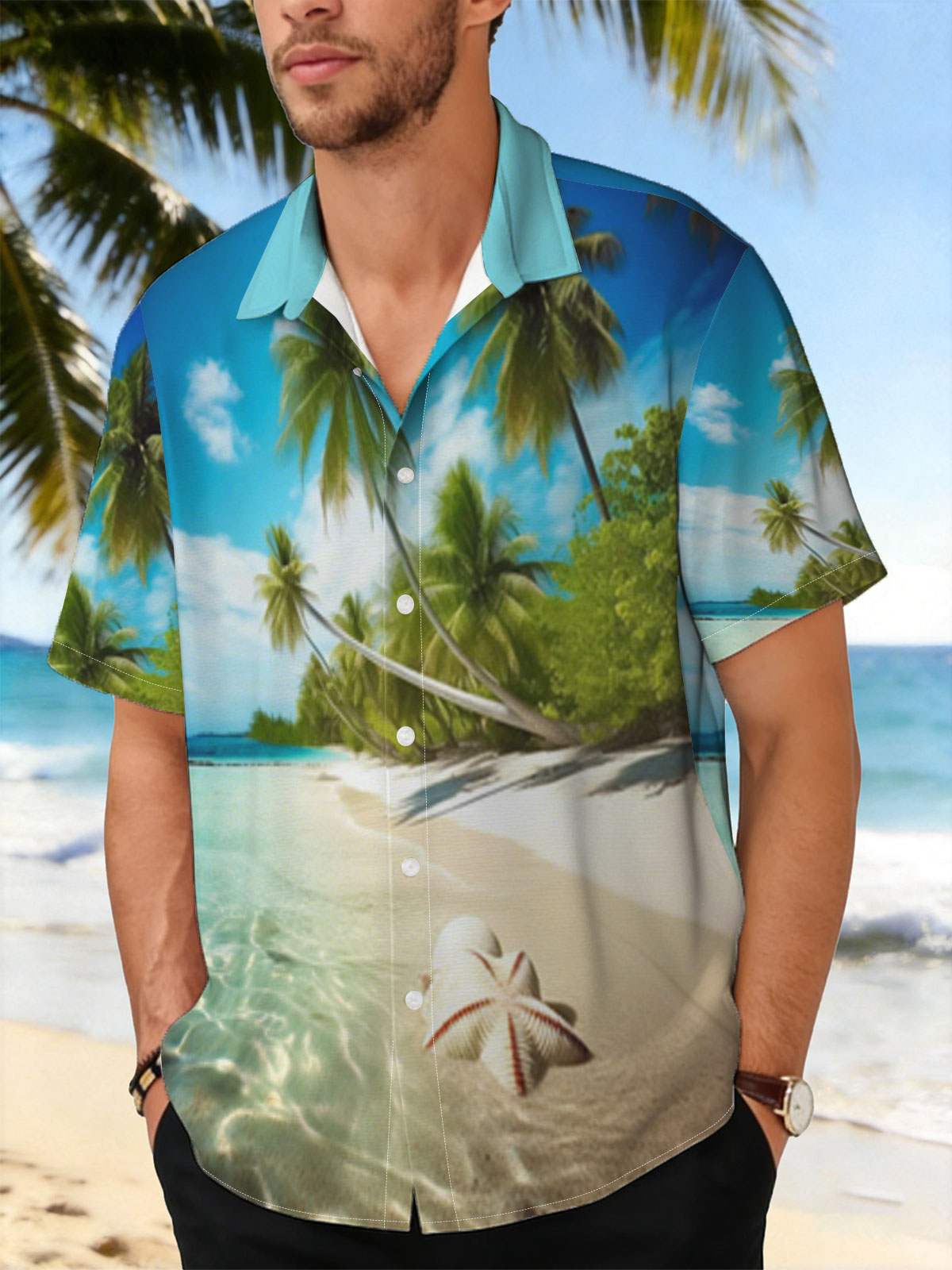 Tropical Beach with Palm Trees and Starfish -  Shirt