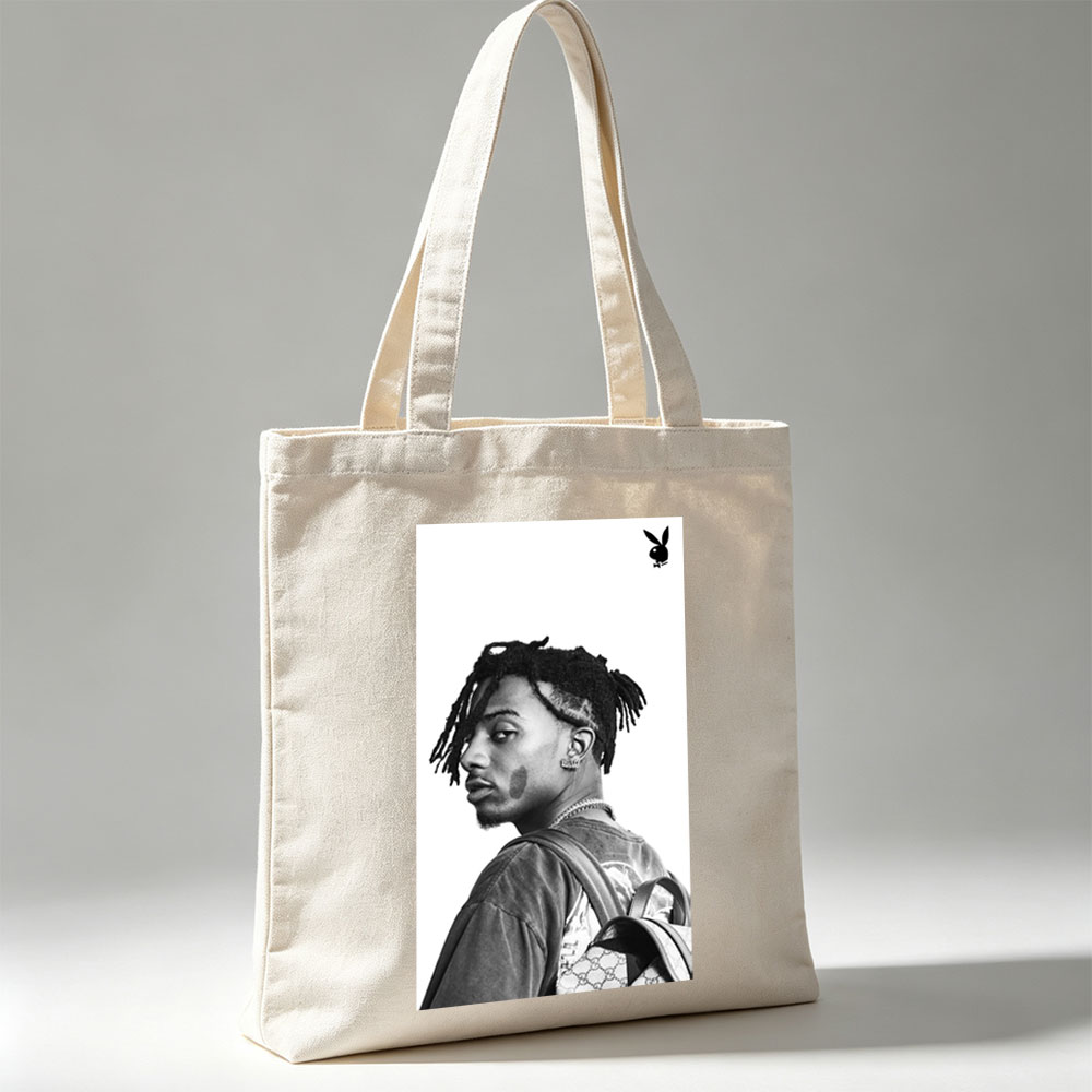 Lil Durk in a Side Profile Pose with Dreads and Gucci Backpack in Black and White Photo - Canvas tote bags
