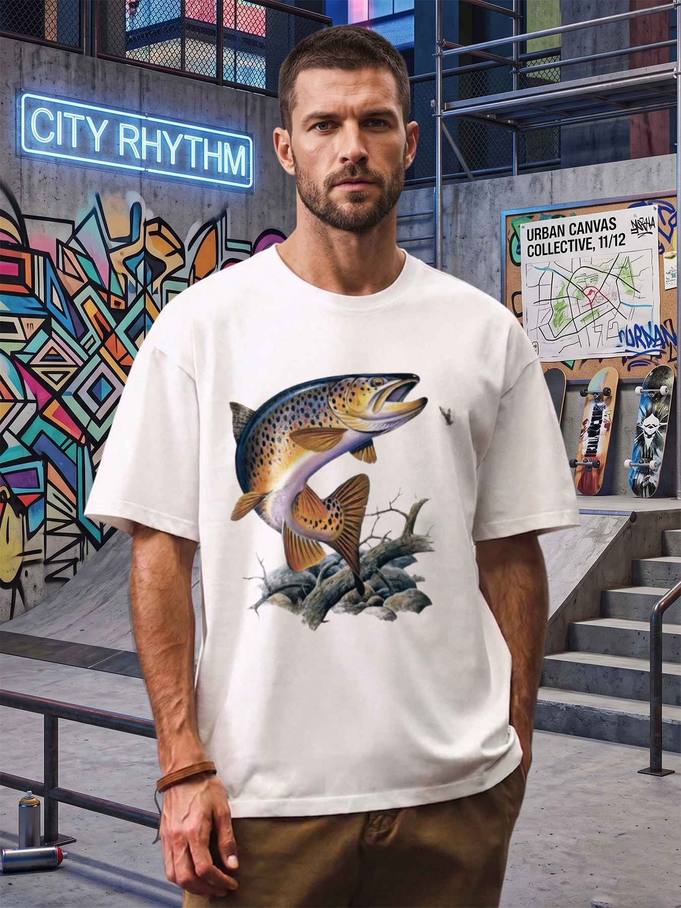 Men's Trout Fishing Print T-Shirt Featuring Realistic Brown Trout Design, Casual Round Neck Lightweight Breathable Summer Short Sleeve Tee for Outdoor Fishing Enthusiasts and Nature Lovers