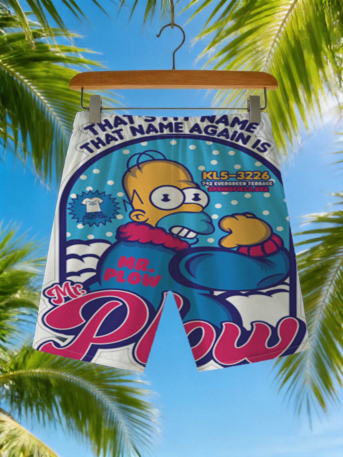Homer Simpson as Mr. Plow, Springfield USA, KL5-3226, Evergreen Terrace -  Beach shorts