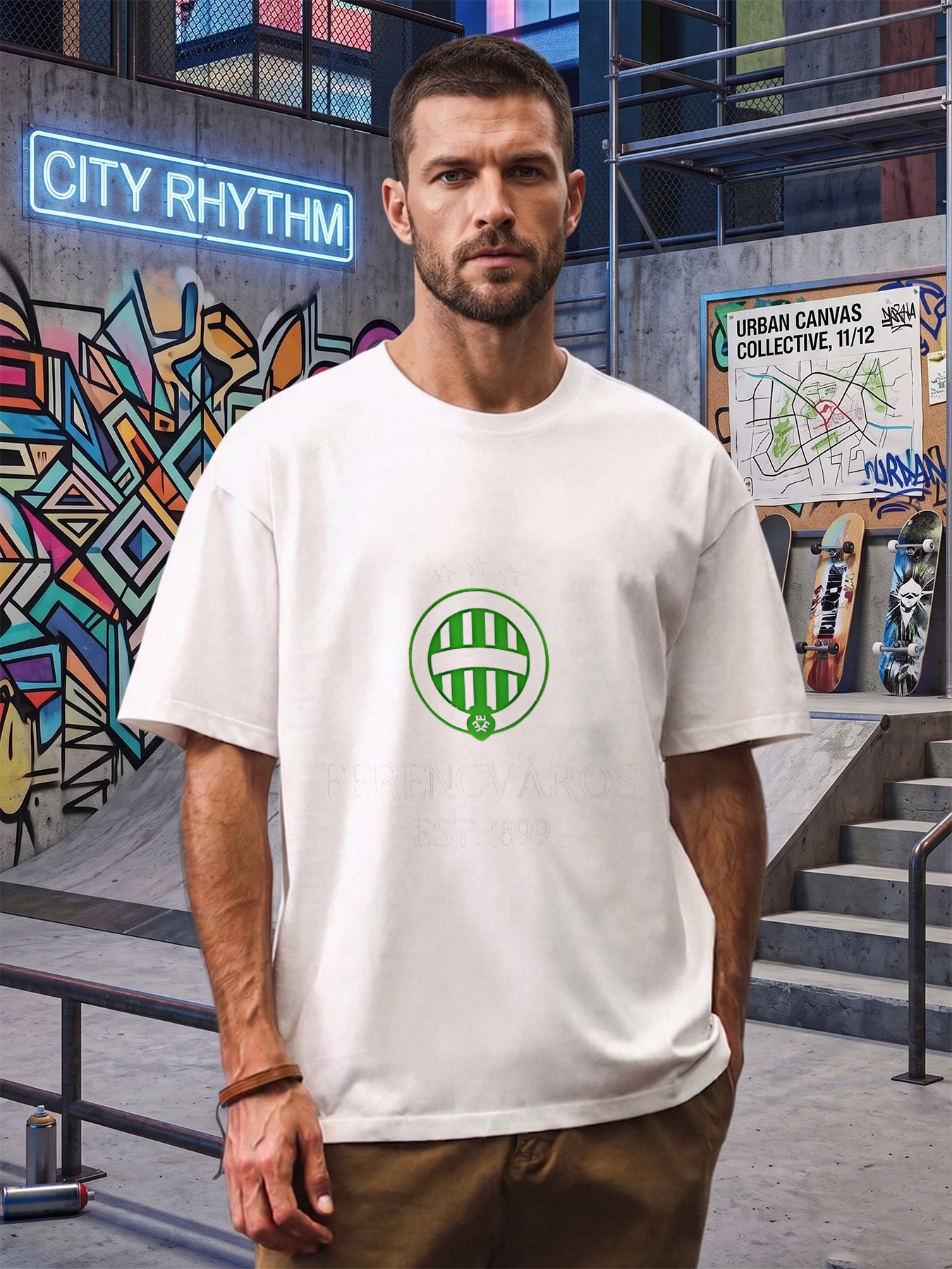 Men's Ferencvaros FC Logo Print T-Shirt Green White Crest Design Casual Round Neck Lightweight Breathable Summer Short Sleeve Tee for Football Fans and Sports Enthusiasts