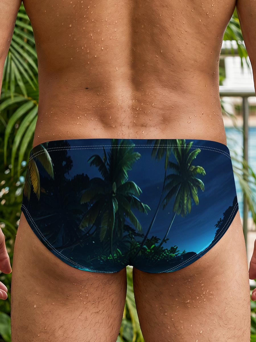 Moonlit Tropical Beach with Palm Trees and Glowing Water -  Men's swim trunks