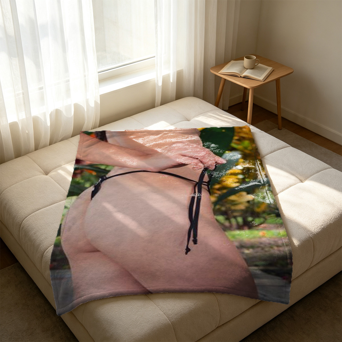 Blonde woman in white crop top and panties doing backbend on blue armchair. - Blanket