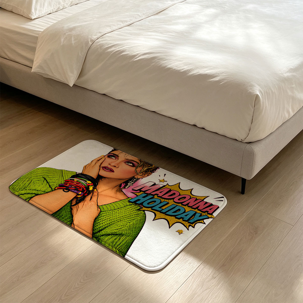 Madonna Holiday: Iconic Pop Star in Vibrant Green Sweater and Bold Accessories - Flannel floor mat