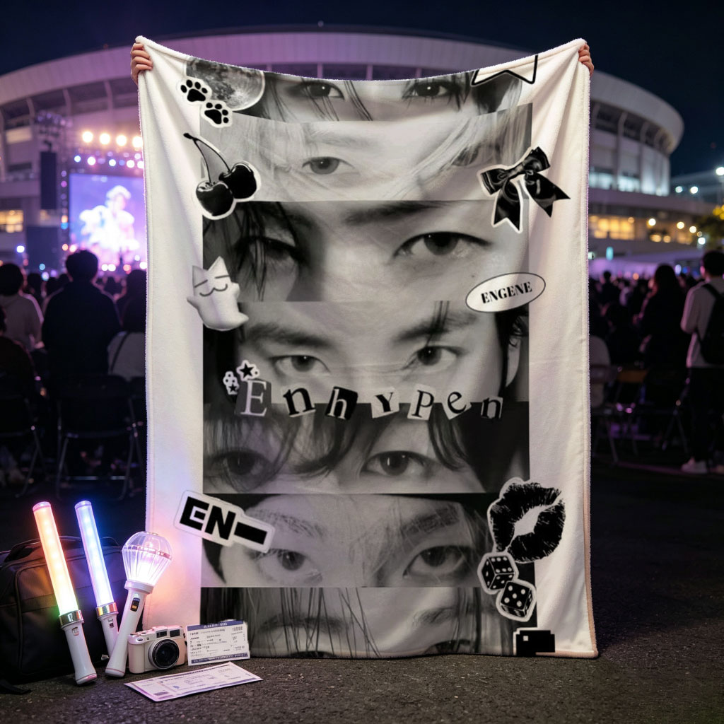 Enhypen Eyes Collage Black and White Sticker Art - Blankets