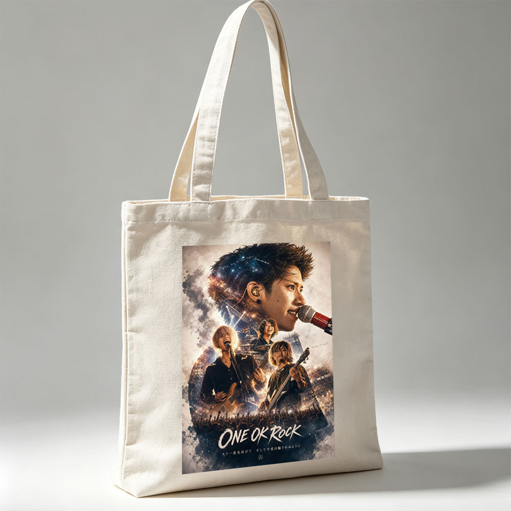 ONE OK ROCK Live Concert Performance with Band Members on Stage and Crowd in the Background - Canvas tote bags