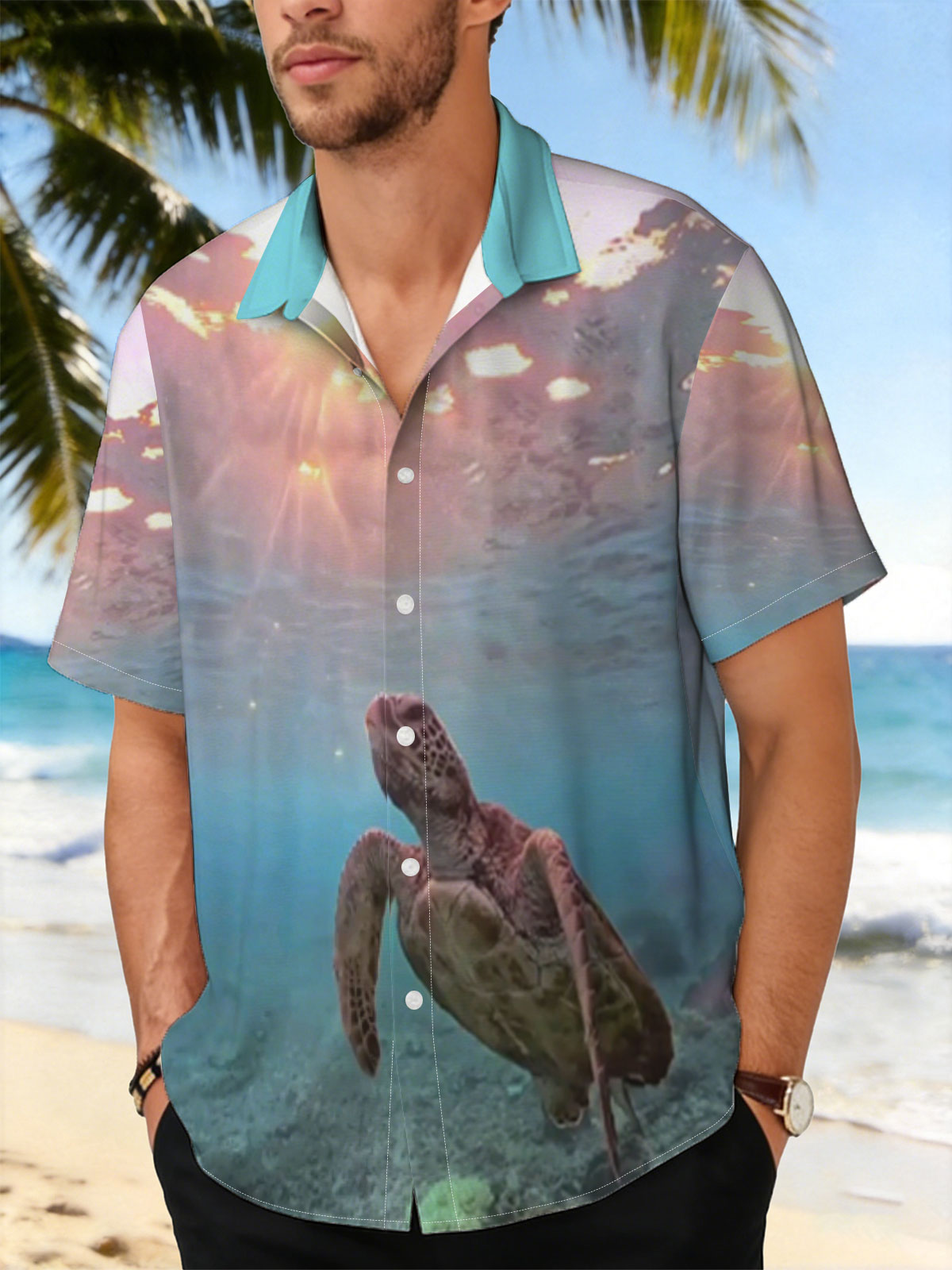 Sea turtle swims gracefully underwater as sunlight filters through the ocean surface. -  Shirt