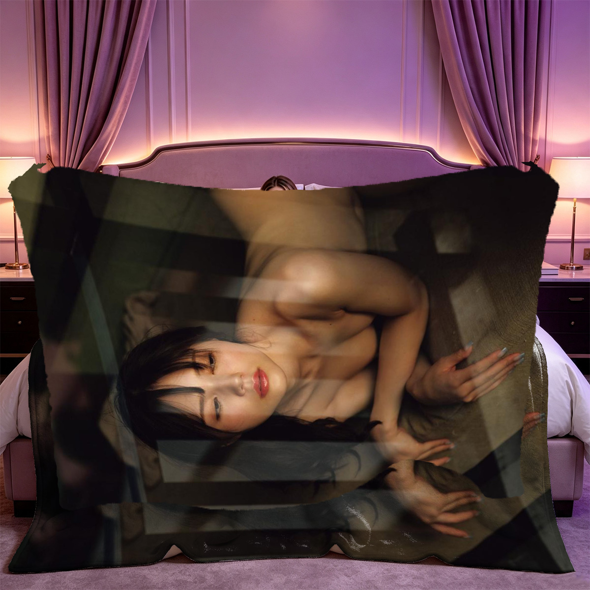A woman in a pink floral lingerie set posing seductively in front of an ornate mirror. - Blanket