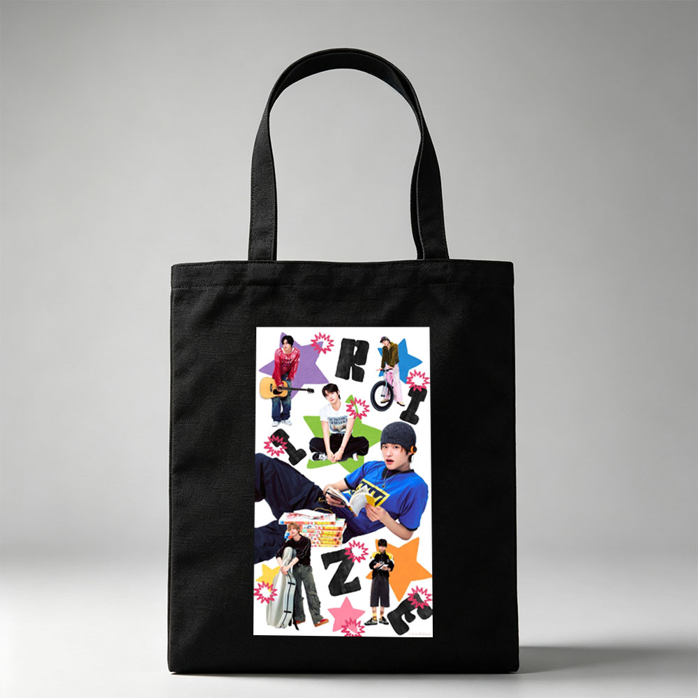 RIIZE Members in Casual Moments Reading, Playing Guitar, and Riding Bike with Vibrant Star Background - Canvas tote bags