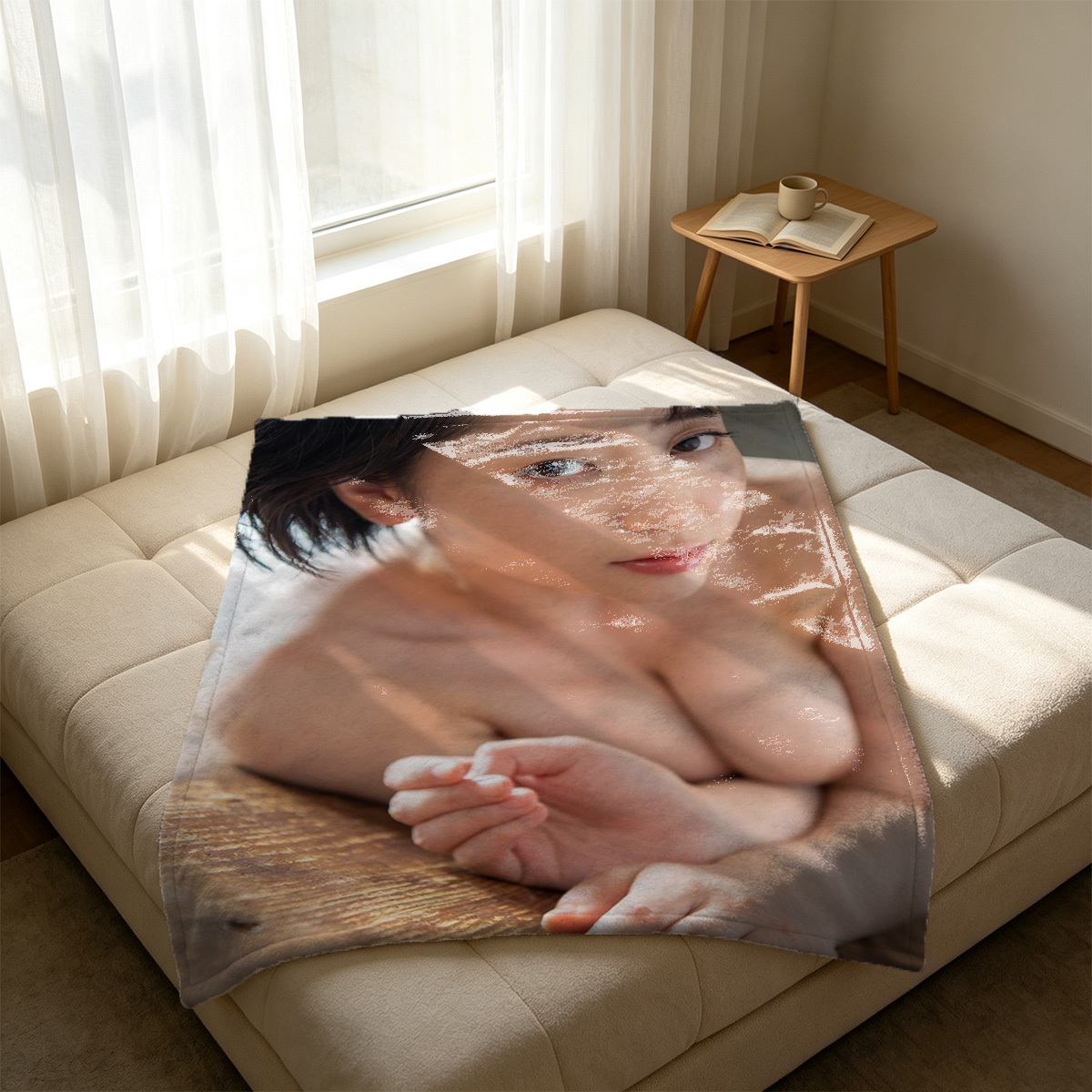 A young woman in ornate black lingerie posing on a bed by the window. - Blanket