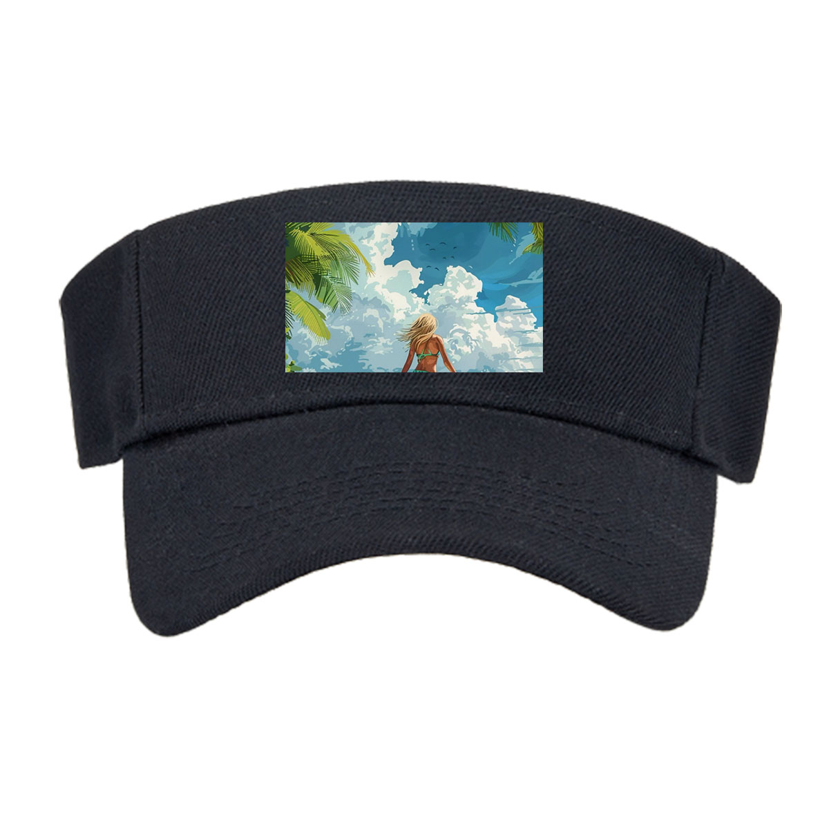 Woman surfing on tropical beach with palm trees and blue sky -  Visor cap