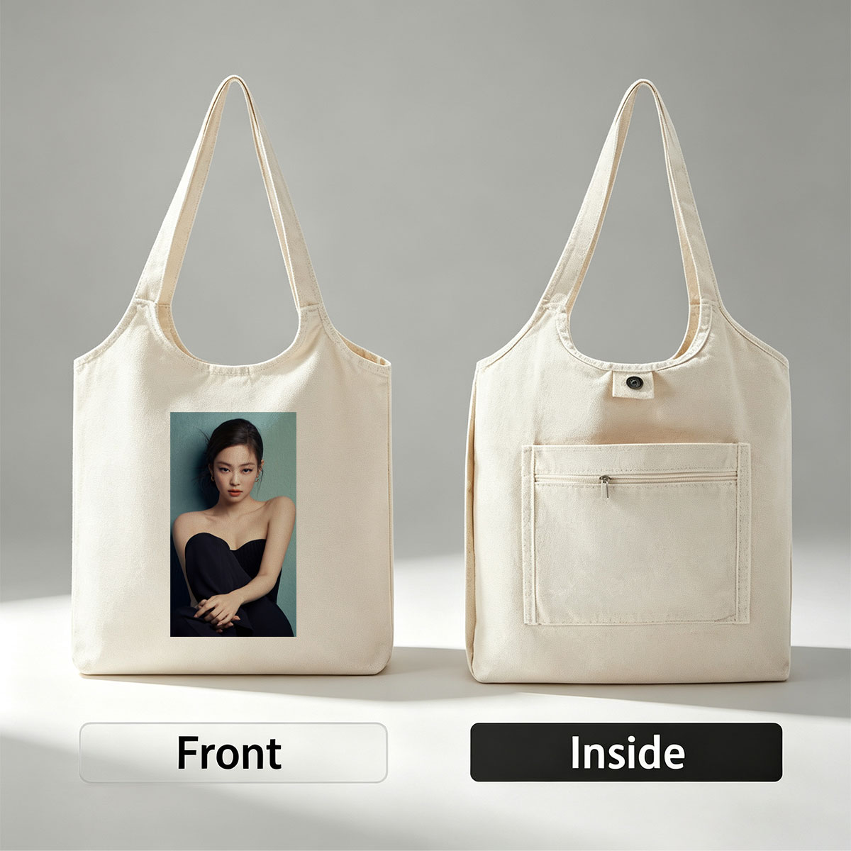 Jennie Kim in Elegant Black Strapless Dress Against Teal Background - Canvas shoulder bags/