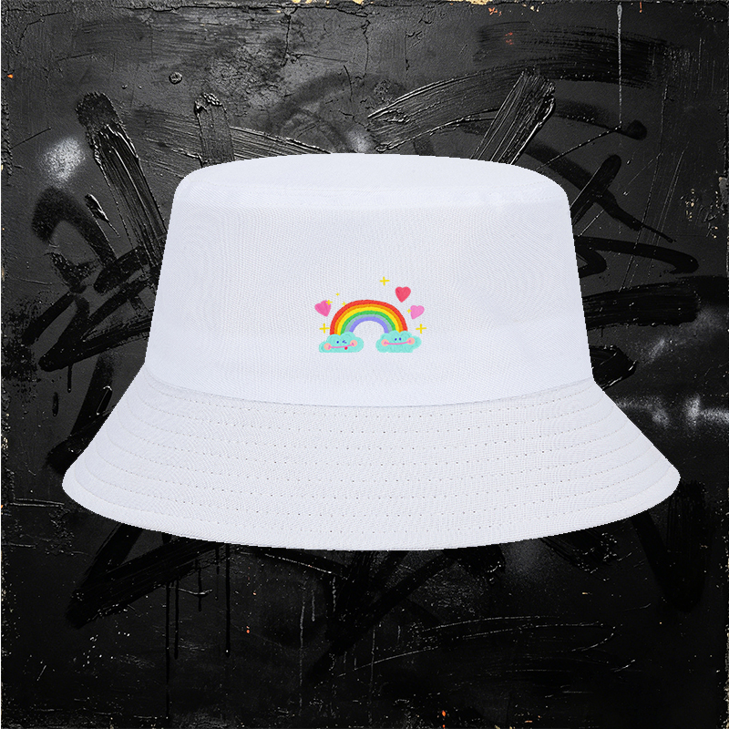 Unisex Rainbow Cloud Print Bucket Hat with Heart and Star Design - Classic Cotton Fisherman Hat for Outdoor Activities, Travel, Beach, and Daily Wear - Perfect for Youth, Teens, and Adults Seeking Fun and Stylish Sun Protection