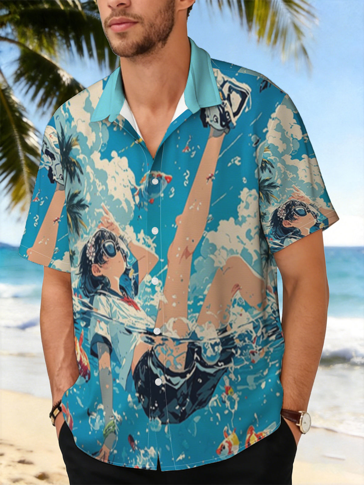 Girl floating in water with koi fish and palm trees under blue sky -  Shirt