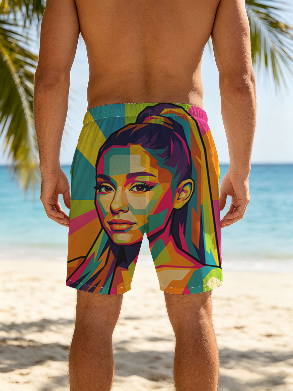 Colorful Pop Art Portrait of a Woman with Vibrant Geometric Patterns -  Beach shorts