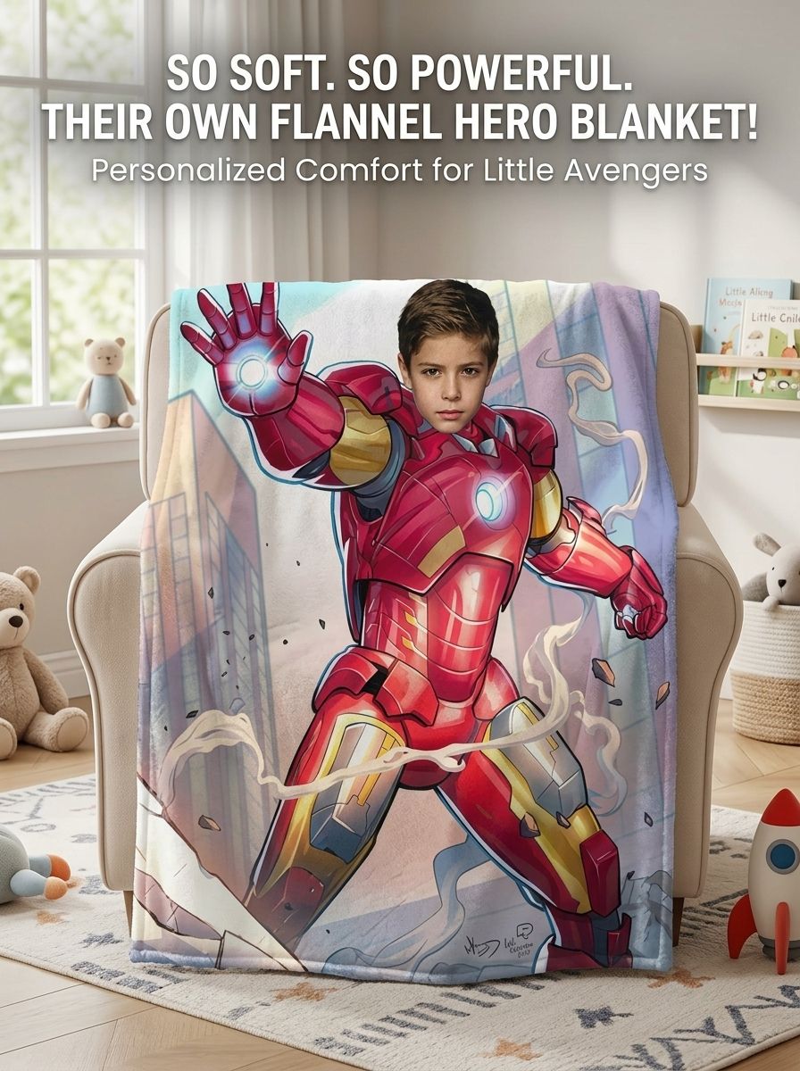Personalized Superhero Photo Blanket Custom Face Flannel Fleece Throw Soft Skin-Friendly Bedding Gift for Kids