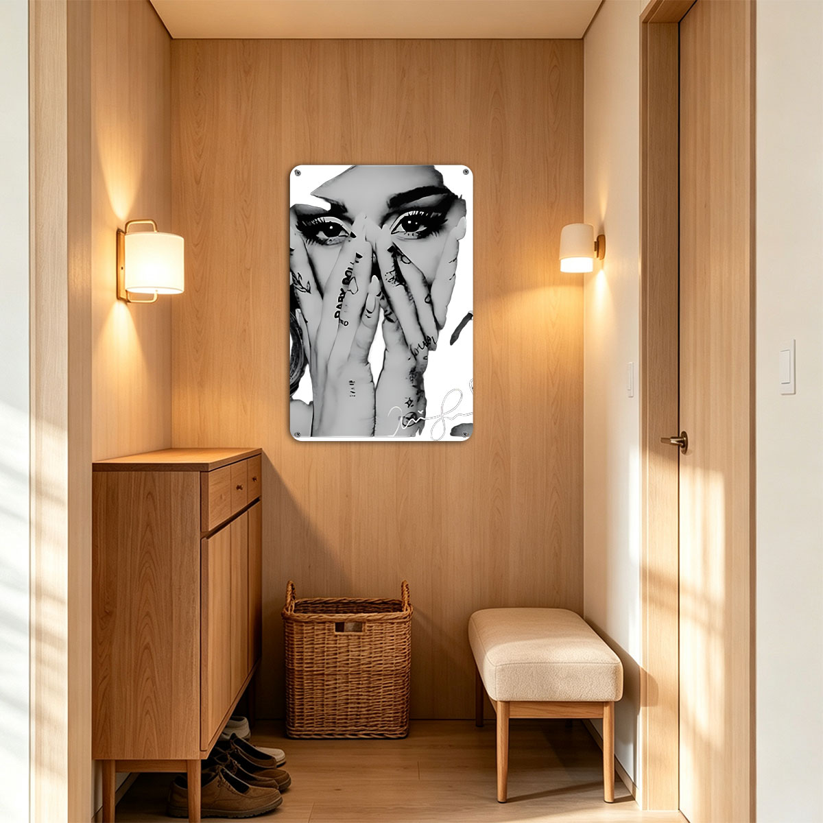 Lady Gaga: Dramatic Monochrome Portrait with Tattooed Hands and Signature - painting