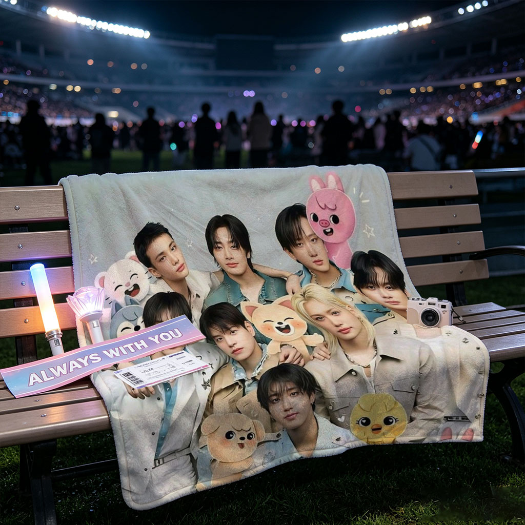 Stray Kids Group Photo with Cute Animal Plushies in a Starry Sky Background - Blankets