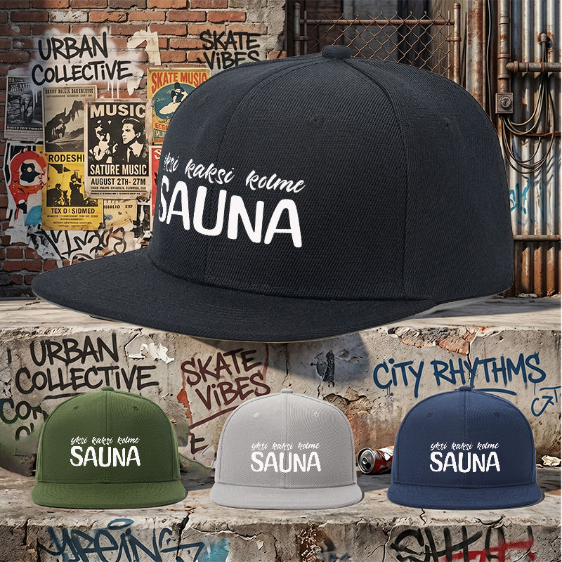 Flat Brim Baseball Cap Yksi Kaksi Kolme SAUNA Print Streetwear Underground Skate Style for Basketball Courts Urban Streets Skate Parks Designed for Skaters Rappers Streetwear Enthusiasts