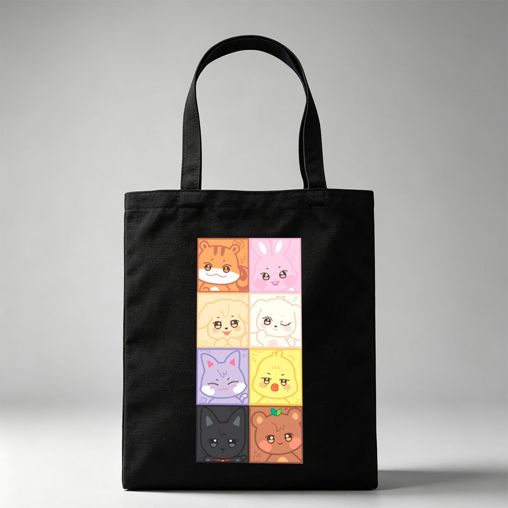 Cute Animal Characters Grid Featuring Kawaii Cartoon Animals in Colorful Squares - Canvas tote bags